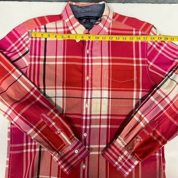 Tommy Hilfiger Custom Fit Red/Pink Plaid Button Down Shirt Long Sleeve Casual L - Picture 8 of 10